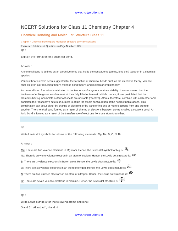 NCERT Solutions for Class 11 Chemistry Chapter 4 Chemical Bonding and Molecular Structure Class 11