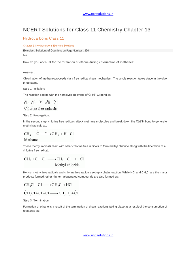 NCERT Solutions for Class 11 Chemistry Chapter 13 Hydrocarbons Class 11