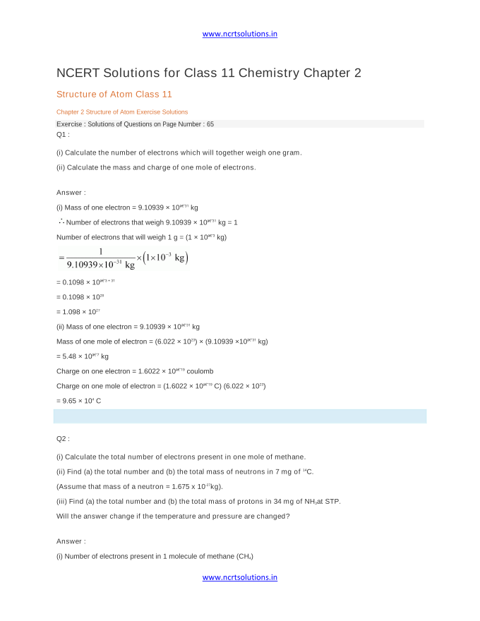 NCERT Solutions for Class 11 Chemistry Chapter 2 Structure of Atom Class 11