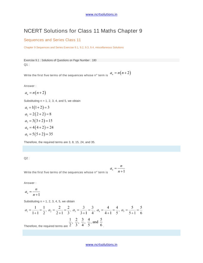 NCERT Solutions for Class 11 Maths Chapter 9 Sequences and Series Class 11 Chapter 9 