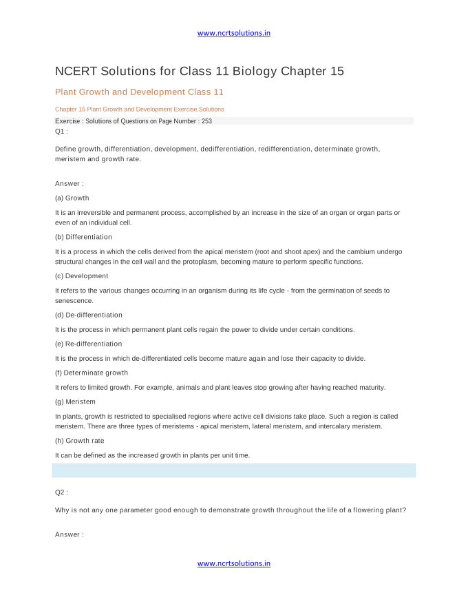 NCERT Solutions for Class 11 Biology Chapter 15