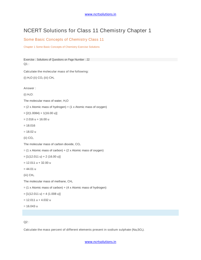 NCERT Solutions for Class 11 Chemistry Chapter 1 Some Basic Concepts of Chemistry Class 11