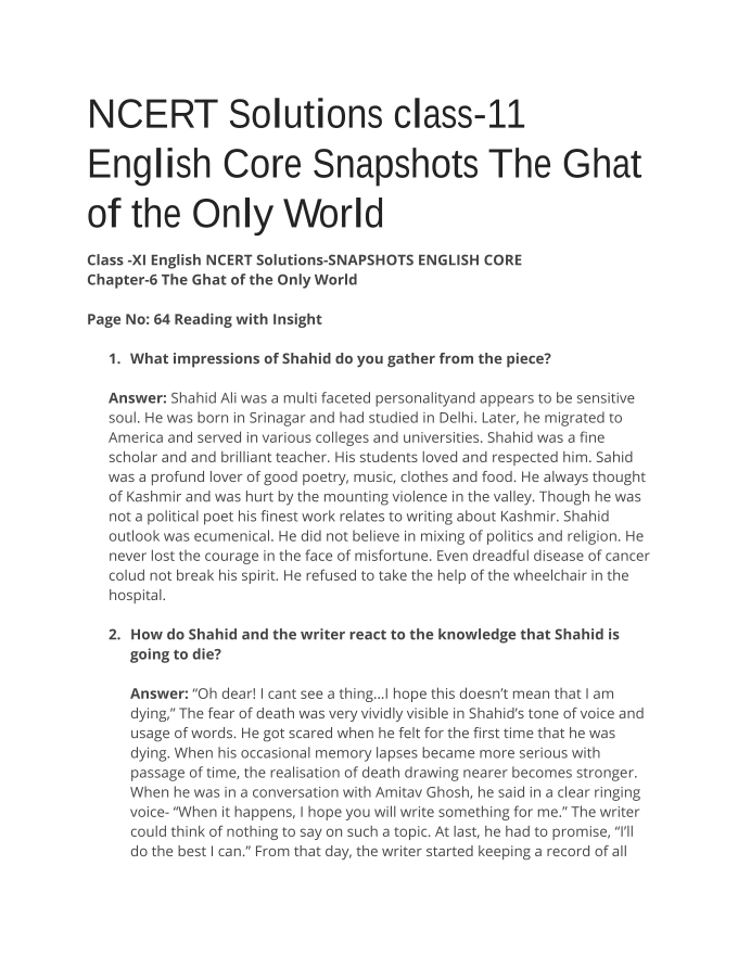 NCERT Solutions class-11  English Core Snapshots The Ghat  of the Only World