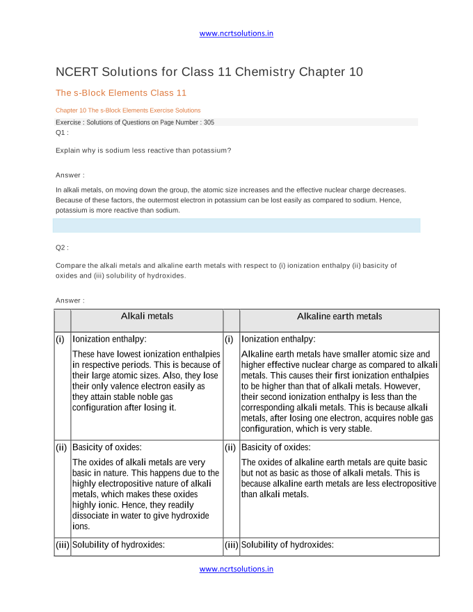 NCERT Solutions for Class 11 Chemistry Chapter 10 The s-Block Elements Class 11