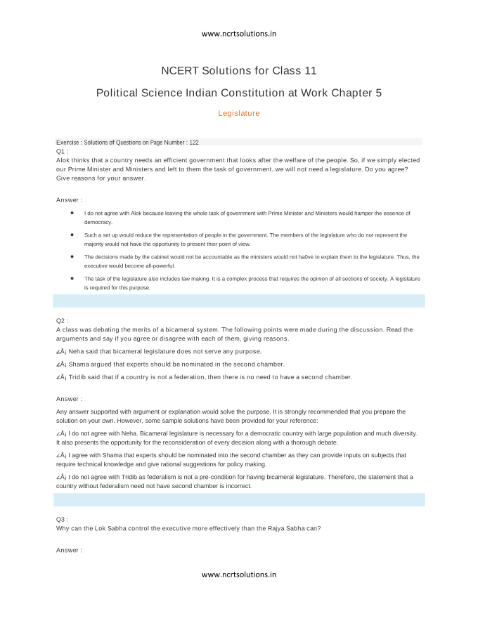 NCERT Solutions for Class 11 Political Science Indian Constitution at Work Chapter 5