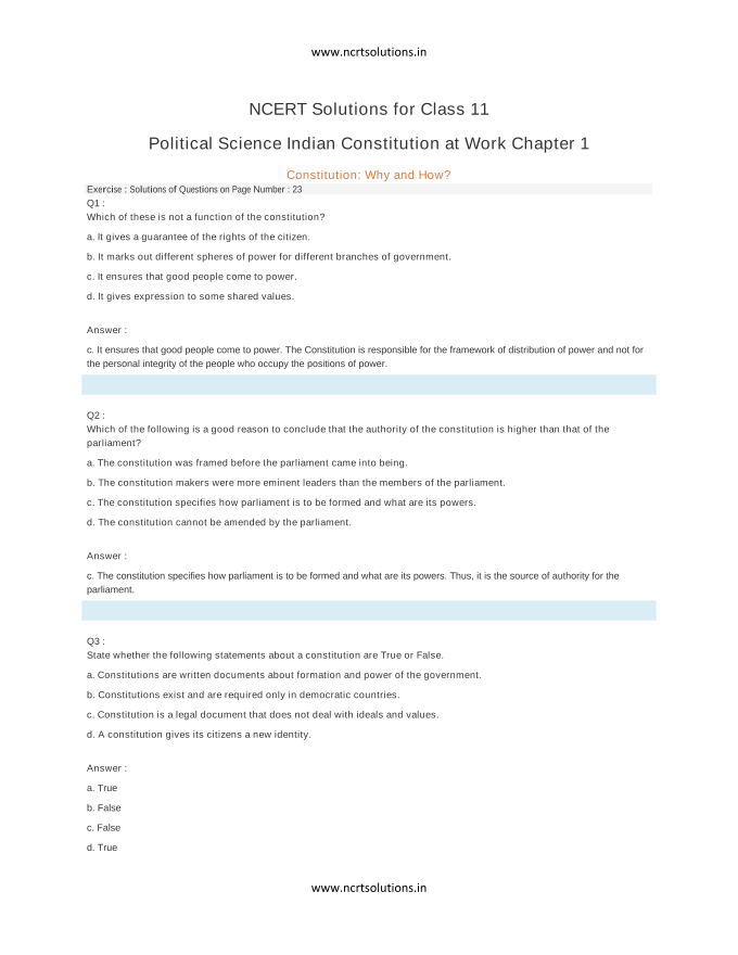 NCERT Solutions for Class 11 Political Science Indian Constitution at Work Chapter 1