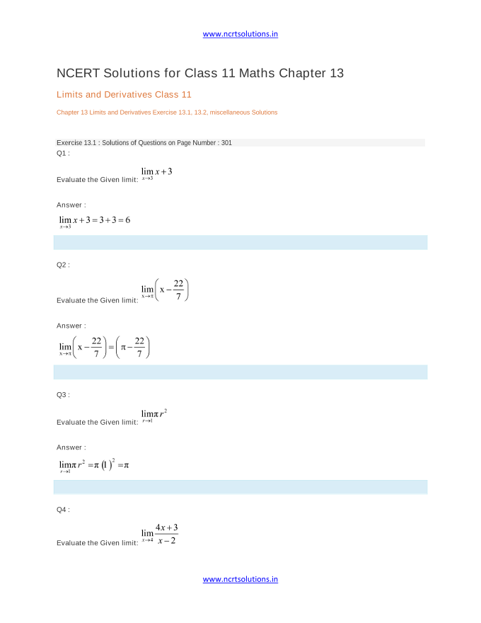 NCERT Solutions for Class 11 Maths Chapter 13 Limits and Derivatives Class 11 Chapter 13 