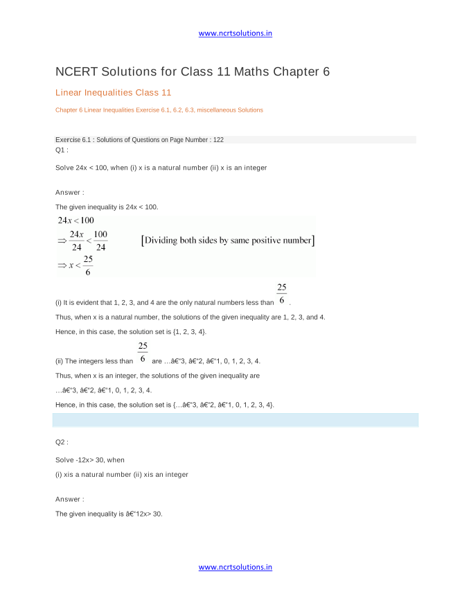 NCERT Solutions for Class 11 Maths Chapter 6 Linear Inequalities Class 11 Chapter 6 