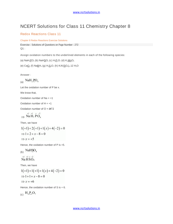 NCERT Solutions for Class 11 Chemistry Chapter 8 Redox Reactions Class 11