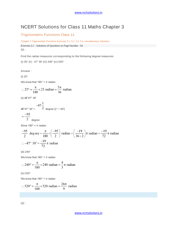 NCERT Solutions for Class 11 Maths Chapter 3 Trigonometric Functions Class 11 Chapter 3