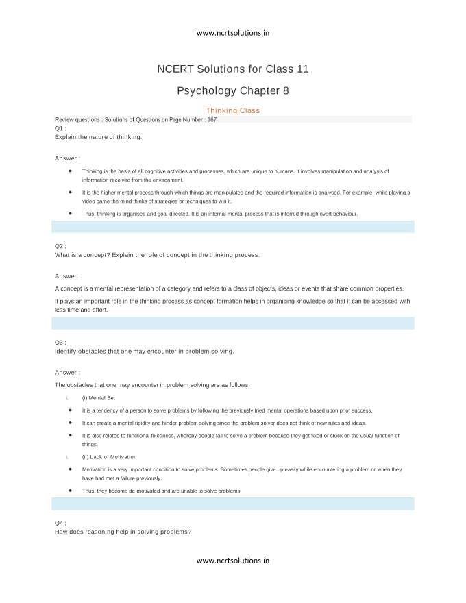 NCERT Solutions for Class 11 Psychology Chapter 8 Thinking Class