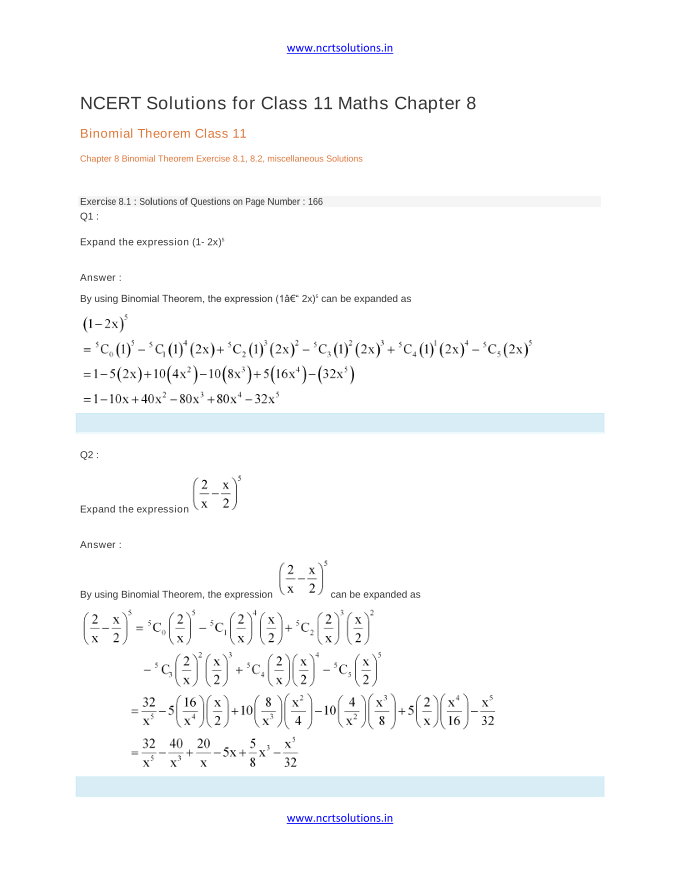 NCERT Solutions for Class 11 Maths Chapter 8 Binomial Theorem Class 11 Chapter 8 