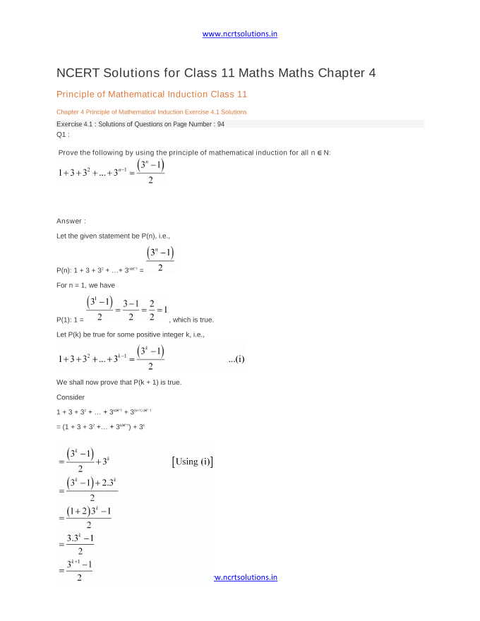 NCERT Solutions for Class 11 Maths Maths Chapter 4 Principle of Mathematical Induction Class 11 Chapter 4 