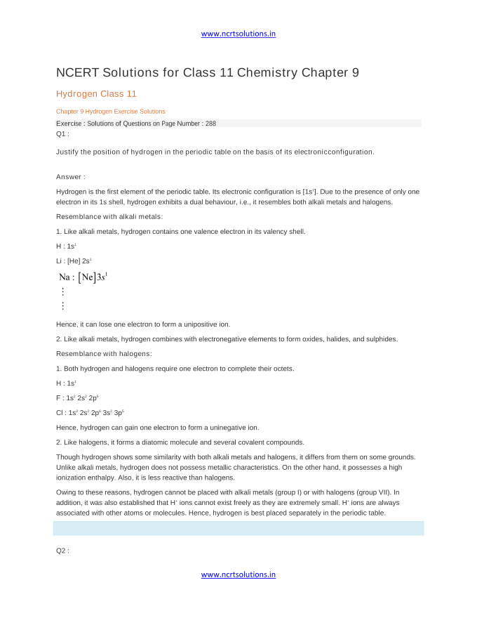 NCERT Solutions for Class 11 Chemistry Chapter 9 Hydrogen Class 11