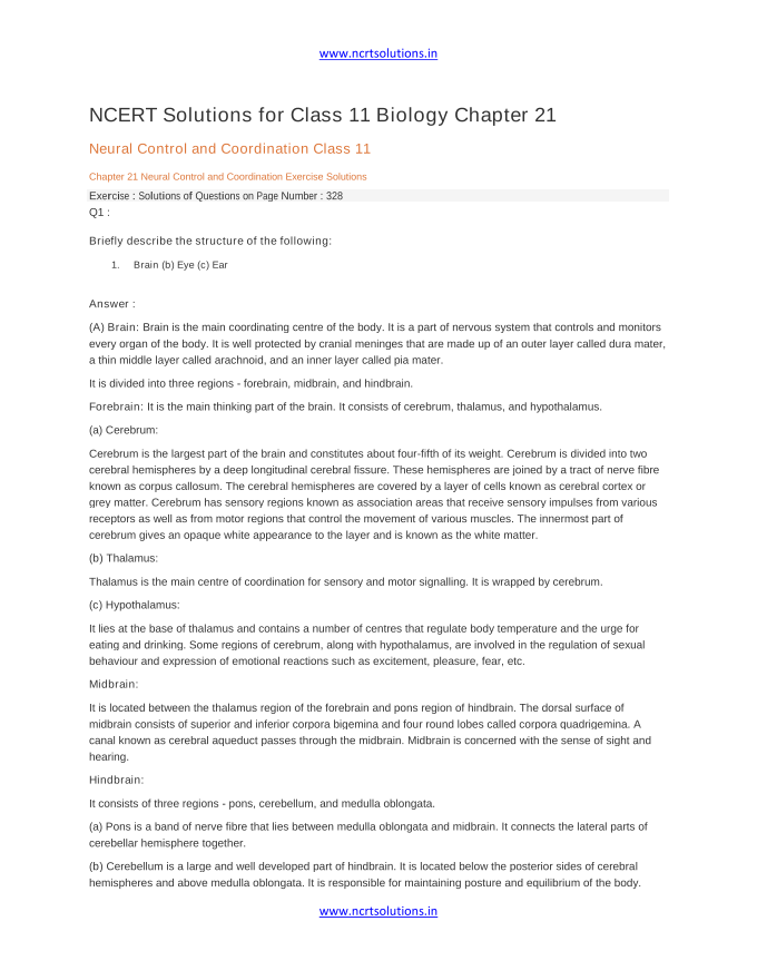 NCERT Solutions for Class 11 Biology Chapter 21 Neural Control and Coordination Class 11
