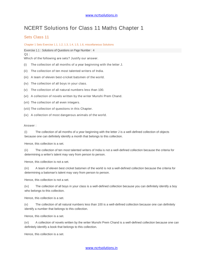 NCERT Solutions for Class 11 Maths Chapter 1  Sets Class 11  Chapter 
