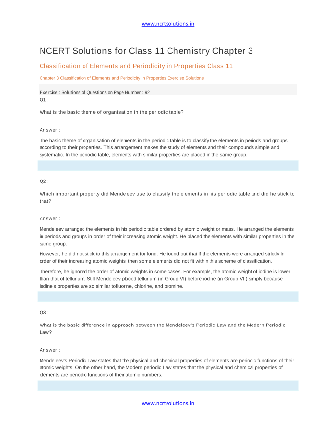 NCERT Solutions for Class 11 Chemistry Chapter 3 Classification of Elements and Periodicity in Properties Class 11 