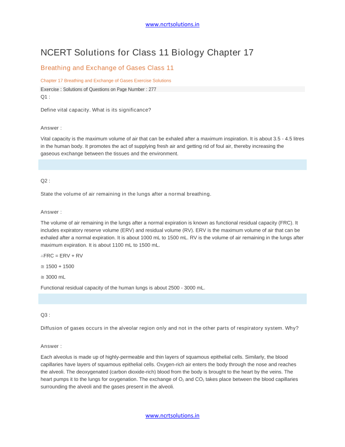 NCERT Solutions for Class 11 Biology Chapter 17 Breathing and Exchange of Gases Class 11