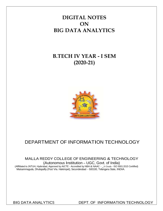 Digital Notes on Big Data Analytics Malla Reddy College of Engineering and Technology