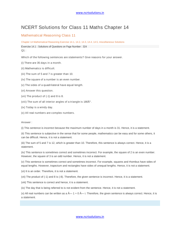 NCERT Solutions for Class 11 Maths Chapter 14 Mathematical Reasoning Class 11 Chapter 14 