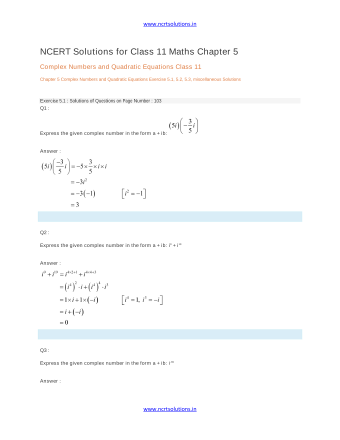 NCERT Solutions for Class 11 Maths Chapter 5 Complex Numbers and Quadratic Equations Class 11 Chapter 5