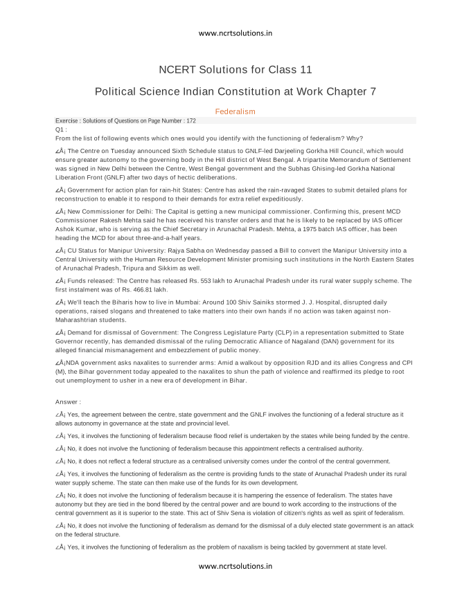 NCERT Solutions for Class 11 Political Science Indian Constitution at Work Chapter 7
