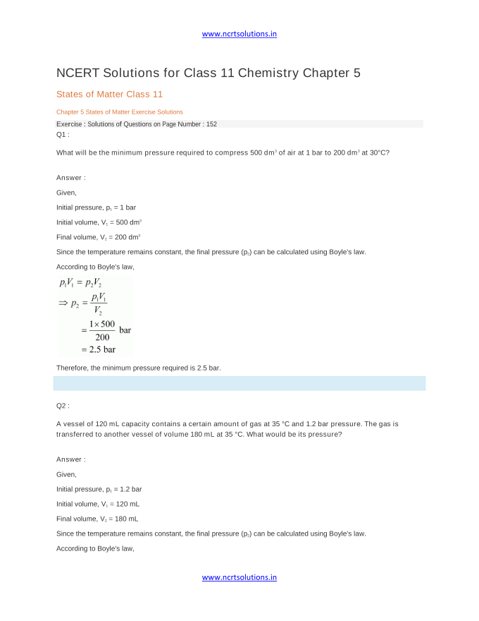 NCERT Solutions for Class 11 Chemistry Chapter 5 States of Matter Class 11