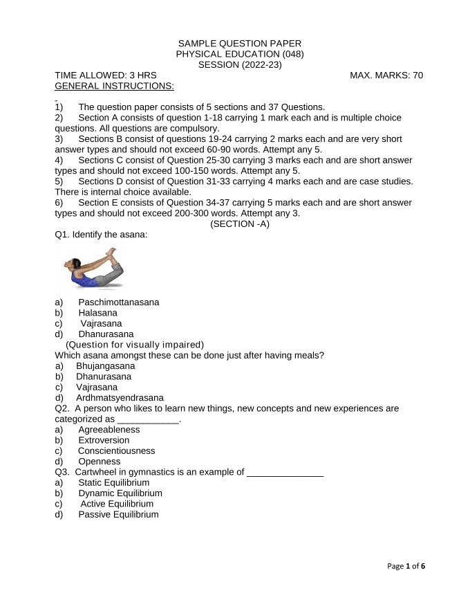 SAMPLE QUESTION PAPER PHYSICAL EDUCATION (048) SESSION (2022-23)