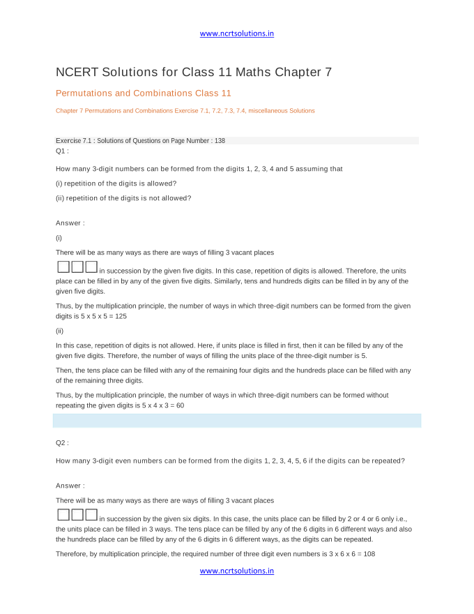 NCERT Solutions for Class 11 Maths Chapter 7 Permutations and Combinations Class 11 Chapter 7 