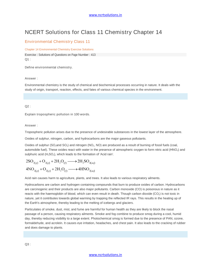 NCERT Solutions for Class 11 Chemistry Chapter 14 Environmental Chemistry Class 11