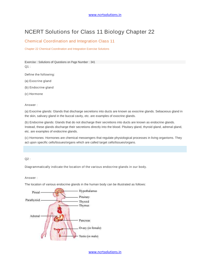 NCERT Solutions for Class 11 Biology Chapter 22 Chemical Coordination and Integration Class 11