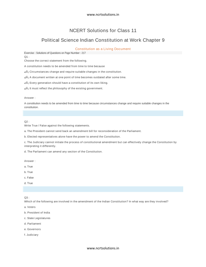 NCERT Solutions for Class 11 Political Science Indian Constitution at Work Chapter 9