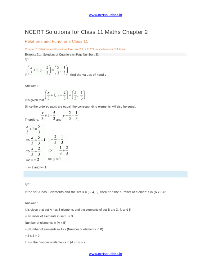 NCERT Solutions for Class 11 Maths Chapter 2 Relations and Functions Class 11 Chapter 2