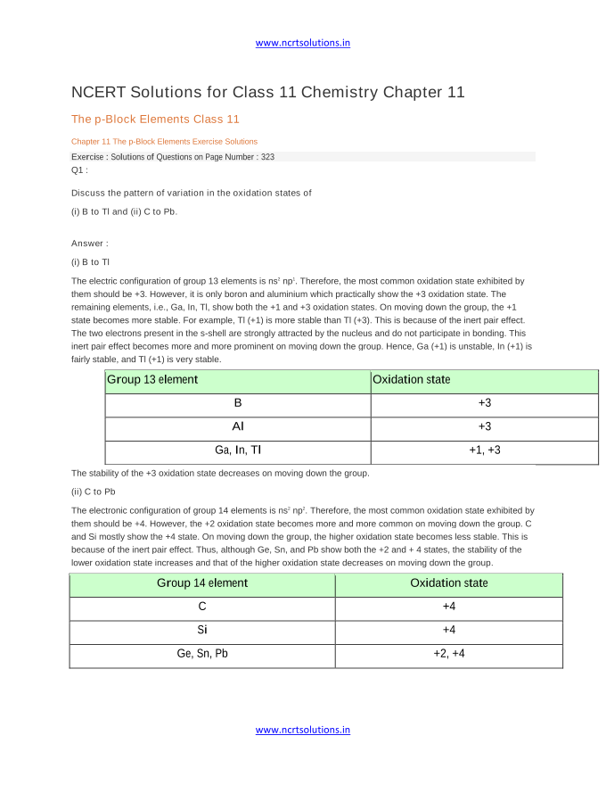 NCERT Solutions for Class 11 Chemistry Chapter 11 The p-Block Elements Class 11