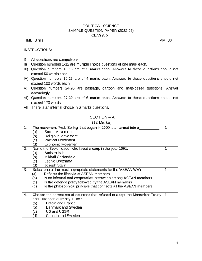 OLITICAL SCIENCE SAMPLE QUESTION PAPER (2022-23) CLASS: XII