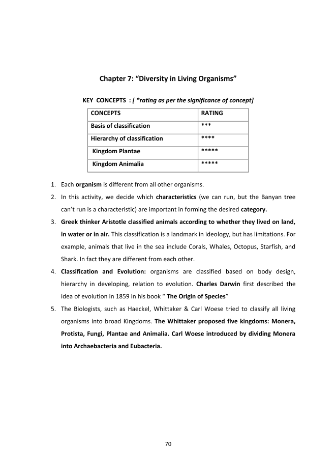 Chapter 7: “Diversity in Living Organisms” KEY CONCEPTS : [ *rating as per the significance of concept]