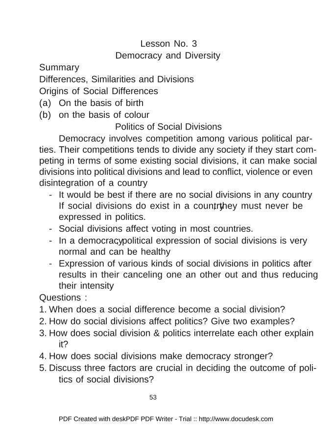 Lesson No. 3 Democracy and Diversity