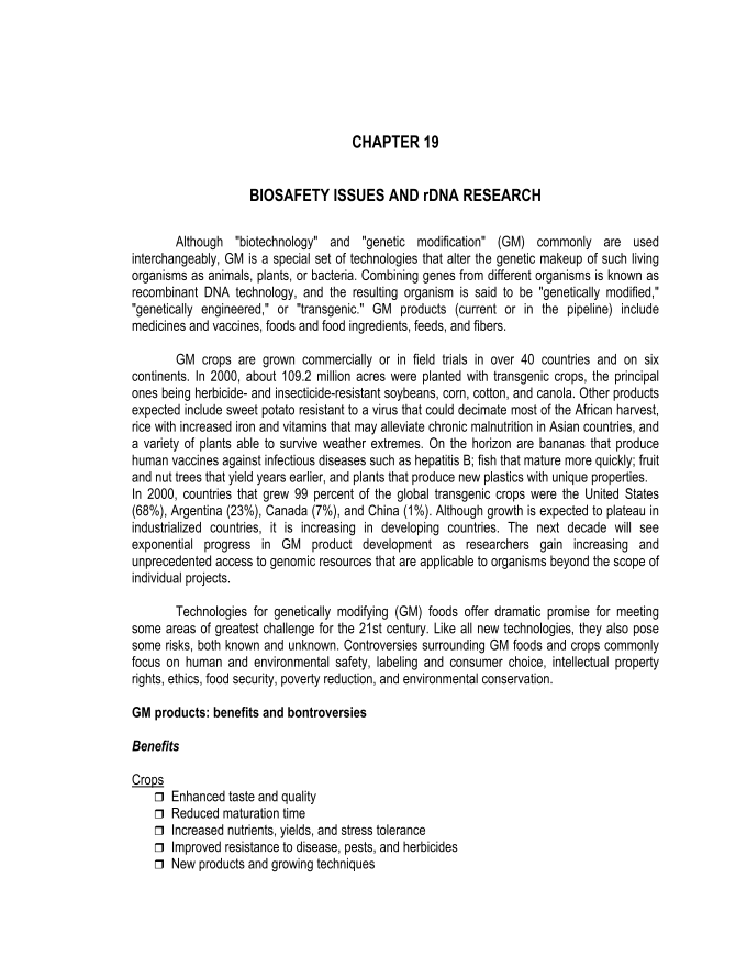 CHAPTER 19  BIOSAFETY ISSUES AND rDNA RESEARCH