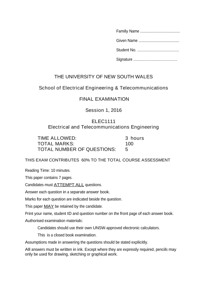 ELEC1111 - S1 2016 Final Exams