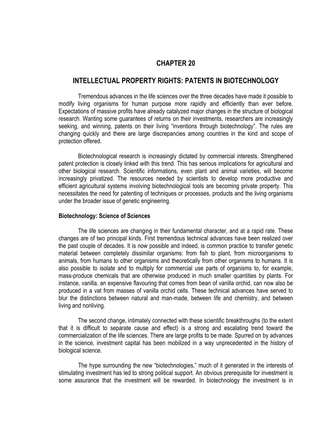 CHAPTER 20 INTELLECTUAL PROPERTY RIGHTS: PATENTS IN BIOTECHNOLOGY
