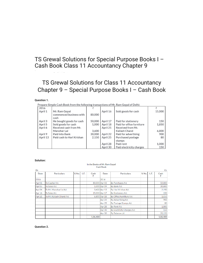 TS Grewal Solutions for Special Purpose Books I – Cash Book Class 11 Accountancy Chapter 9